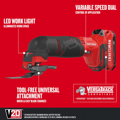 CRAFTSMAN V20 Cordless Multi-Tool, Oscillating Tool Kit, Blades, Sand Paper, Battery and Charger Included (CMCE501D1)