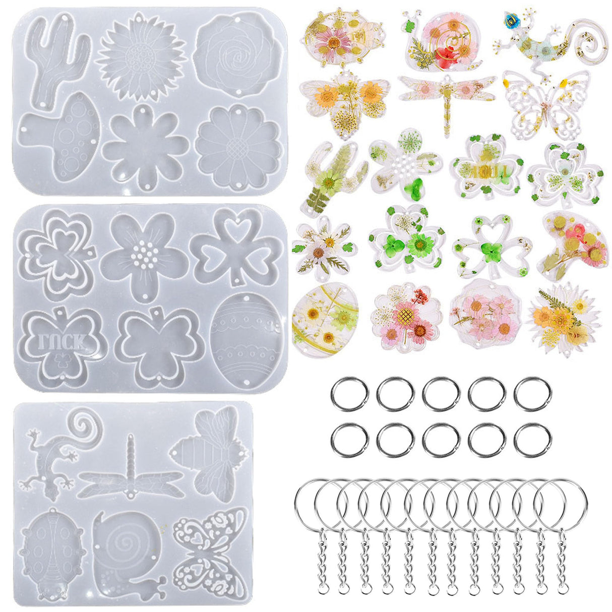 Attuslla 3 PCS Pendant Resin Molds Silicone Resin Jewelry Molds, Earring Making Kit, Silicone Molds with Key Chains, Jump Rings for Pendant, Keychain Attuslla