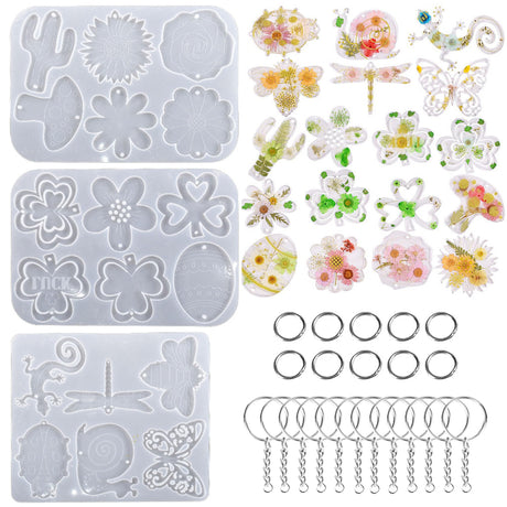 Attuslla 3 PCS Pendant Resin Molds Silicone Resin Jewelry Molds, Earring Making Kit, Silicone Molds with Key Chains, Jump Rings for Pendant, Keychain Attuslla