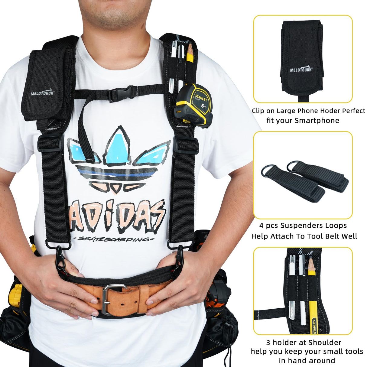 MELOTOUGH Work Belt Suspender Tool Belt Suspenders Bag Suspenders for Men Heavy Duty with Gel Shoulder Pad Detachable Phone Holder for MELOTOUGH