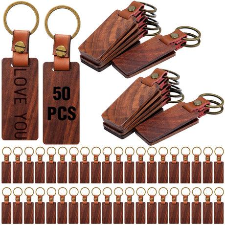 50 Pcs Leather Keychain Blanks Wooden Keychain Blanks Wood Keychain Blank Unfinished Wood Tags with Leather Strap Keyring (Walnut) Sasylvia