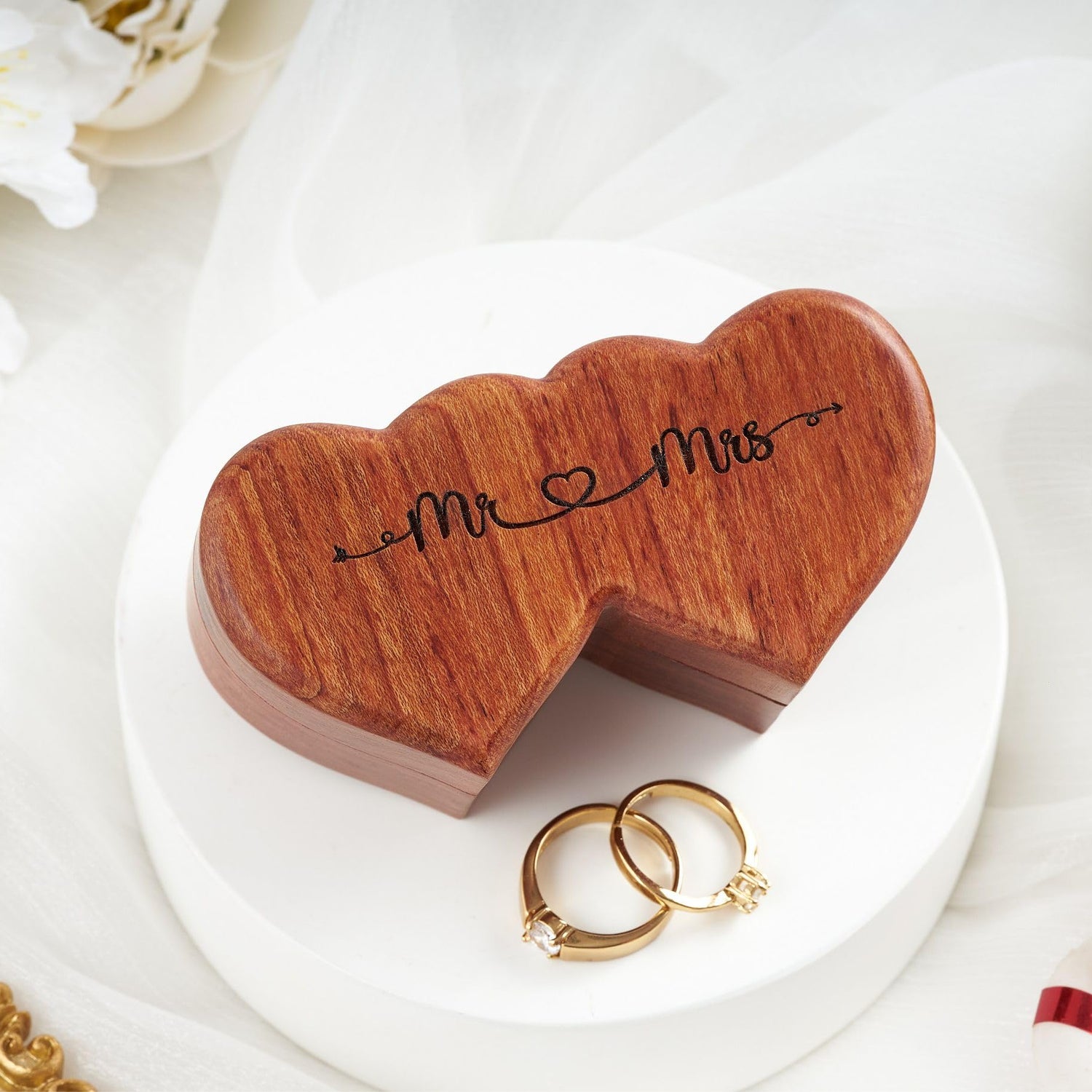 Handicraftviet Ring Box Mr and Mrs – Handmade Heart Shape Ring Box for Wedding Ceremony, Wedding Ring Box Small Engraved for Engagement/Proposal, Handicraftviet