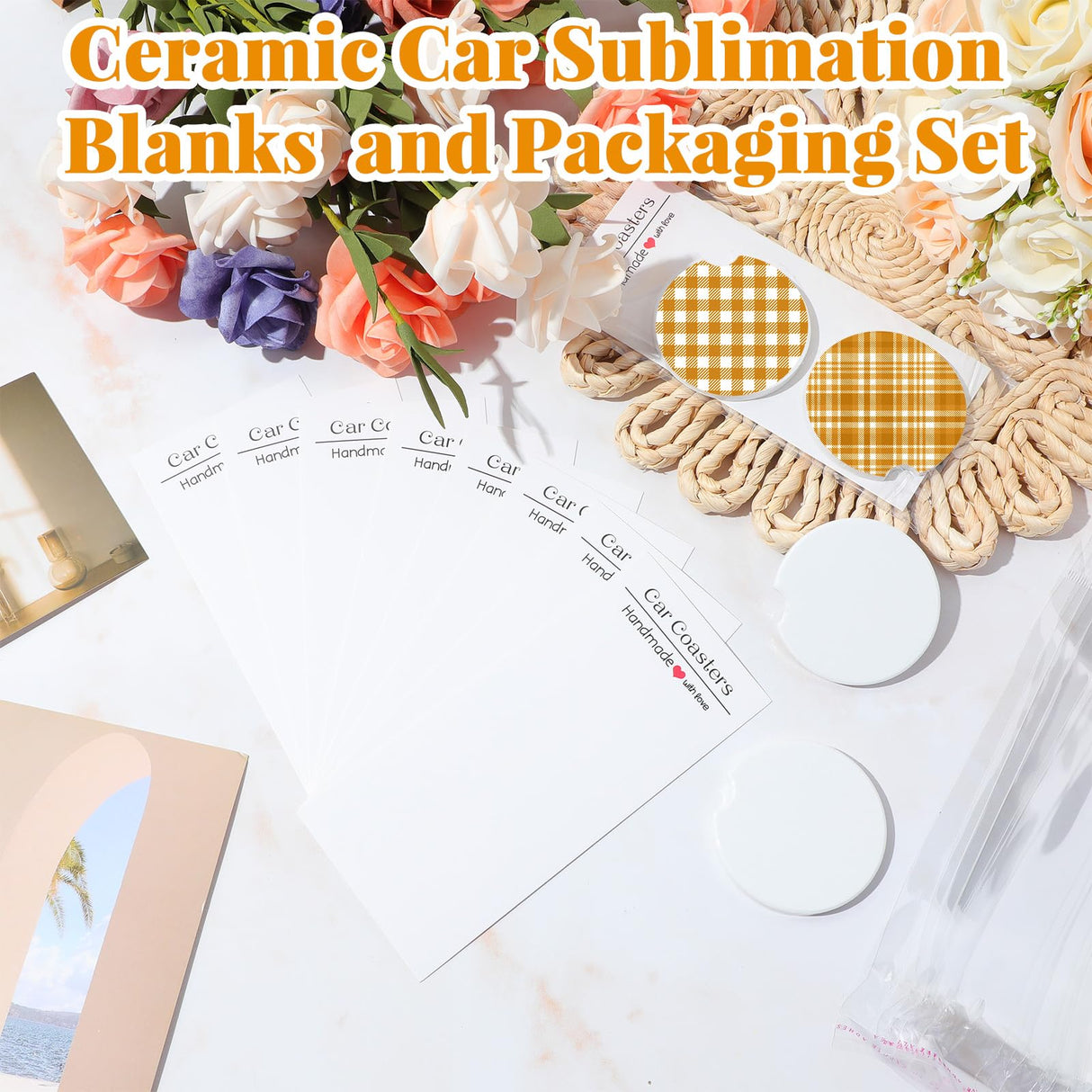 Zhehao 150 Pcs Ceramic Car Coasters with Bags and Cards 2.64'' Sublimation Coasters Blanks Ceramic Car Cup Holder Coasters with A Finger Notch for Zhehao