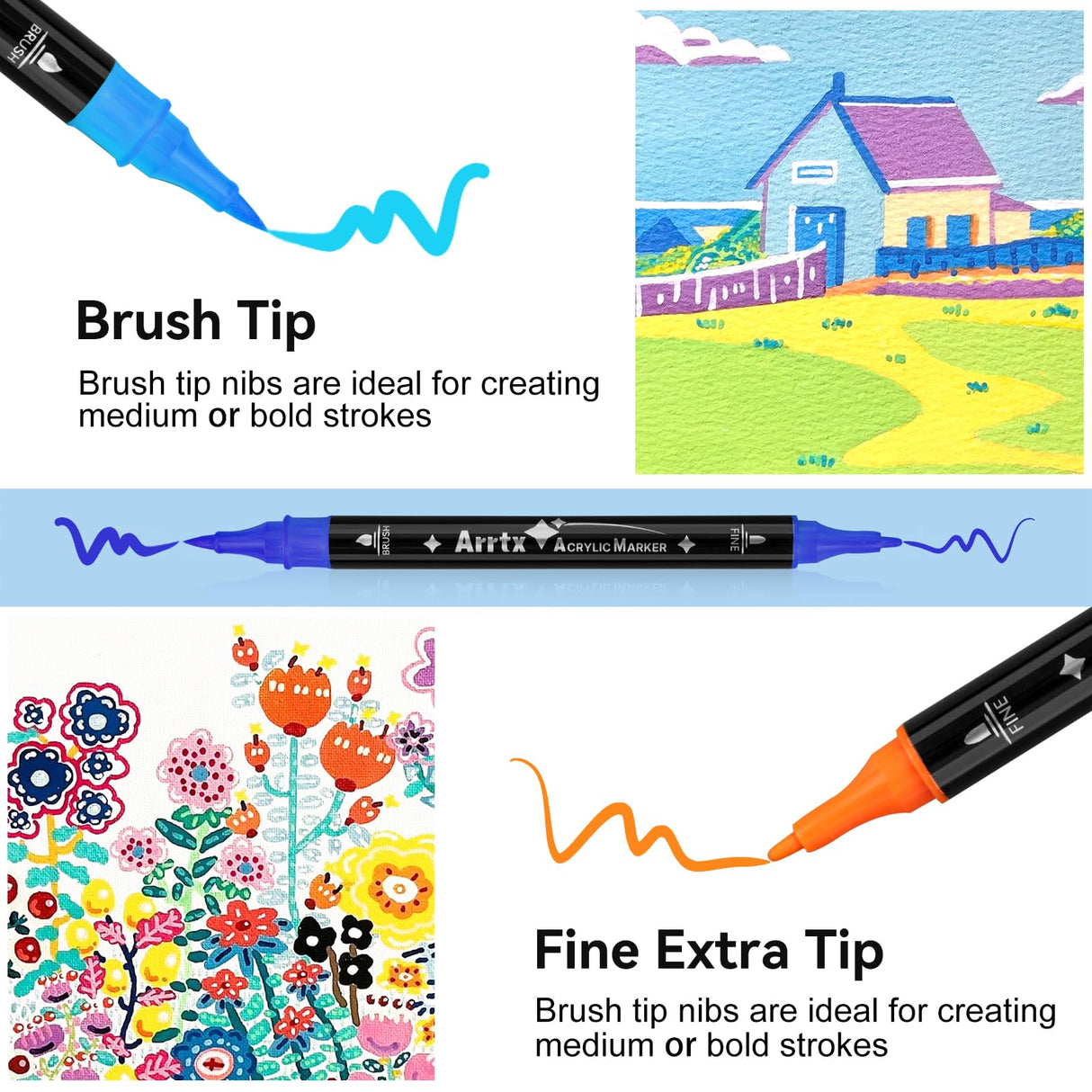 Arrtx 32 Colors Acrylic Paint Pens, Dual Tip Acrylic Paint Markers for Rock Painting, Wood, Ceramic, Fabric, Glass, Canvas, Plastic, Metal, Stone and Arrtx