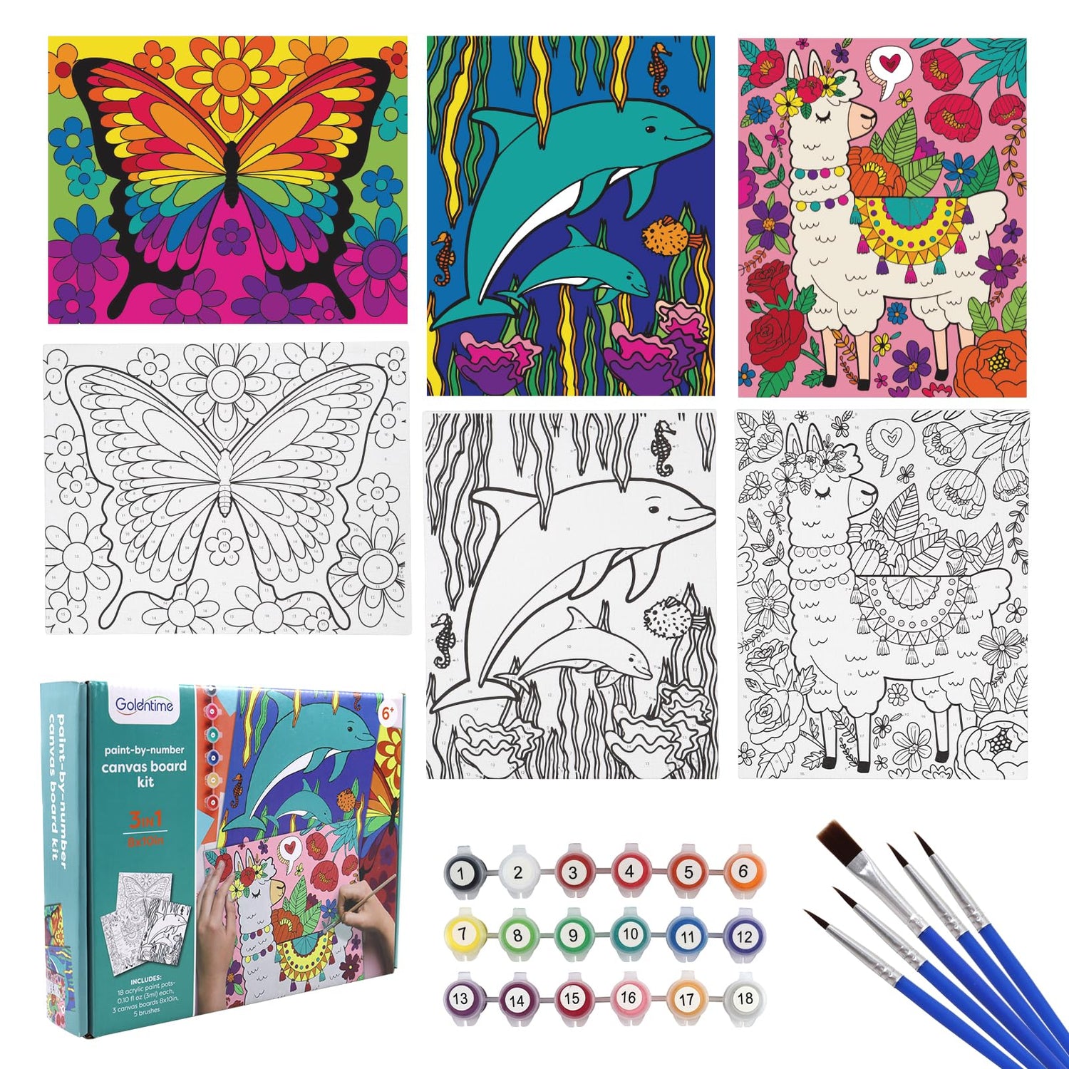 3 Pack Paint by Numbers for Kids Ages 8-12, Pre-Drawn Canvas Painting, Includes 8x10 inch Framed Canvas with 18 Acrylic Paints, 5 Brushes for Kids, goldentime