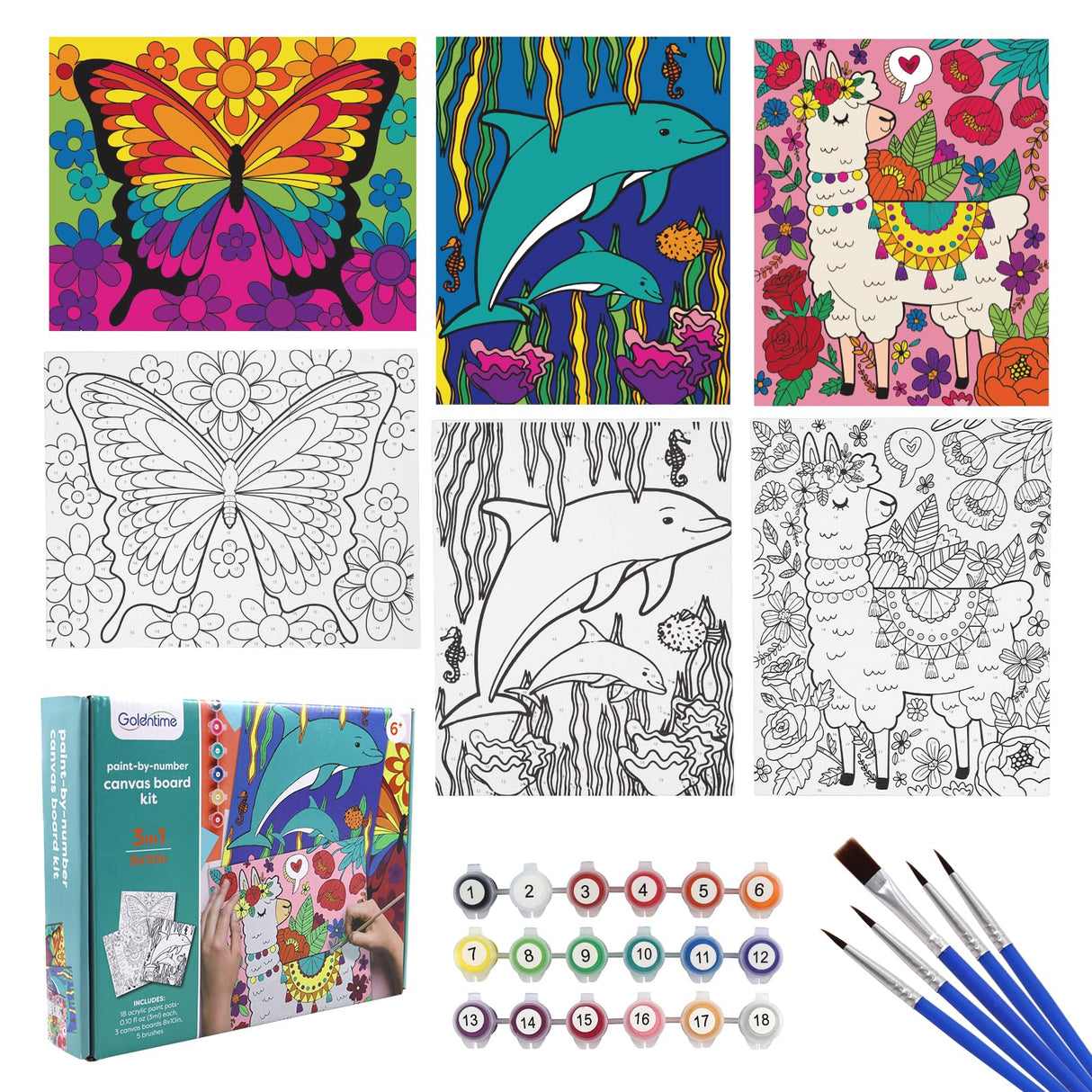3 Pack Paint by Numbers for Kids Ages 8-12, Pre-Drawn Canvas Painting, Includes 8x10 inch Framed Canvas with 18 Acrylic Paints, 5 Brushes for Kids, goldentime