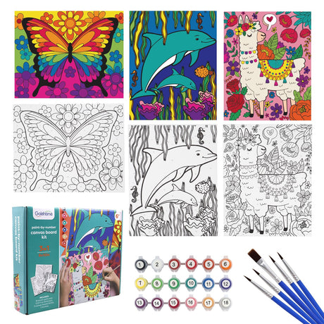3 Pack Paint by Numbers for Kids Ages 8-12, Pre-Drawn Canvas Painting, Includes 8x10 inch Framed Canvas with 18 Acrylic Paints, 5 Brushes for Kids, goldentime