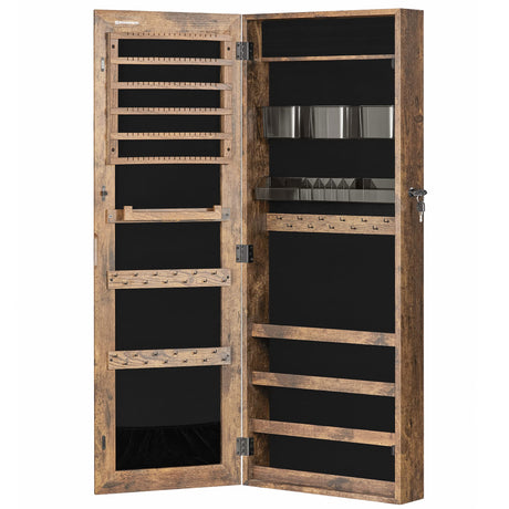 SONGMICS Jewelry Cabinet Armoire, Lockable Wall-Mounted Storage Organizer Unit with 2 Plastic Cosmetic Trays, Full-Length Frameless Mirror, Textured SONGMICS