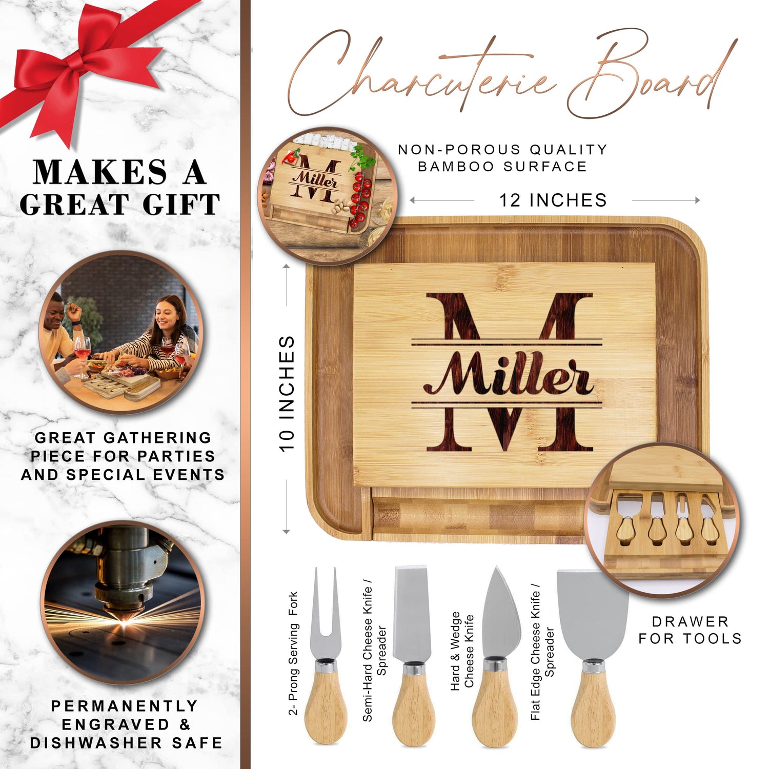 Custom Personalized Premium Charcuterie Cheese Board Set with Spreader Utensil Tools with Any Name The Wedding Party Store