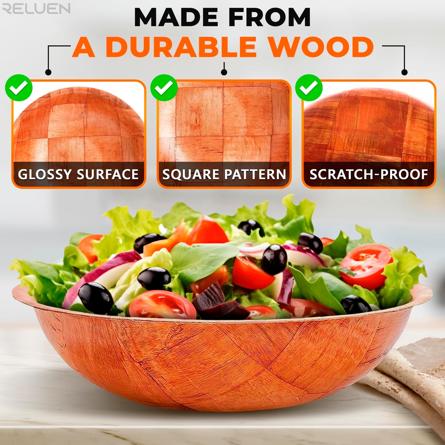 6Pcs Wooden Salad Bowl Set - Decorative Bowls for Kitchen Large Serving Bowls for Entertaining Small Snack Bowls Set Soup - 8 Inch Fruit Bowl for Reluen