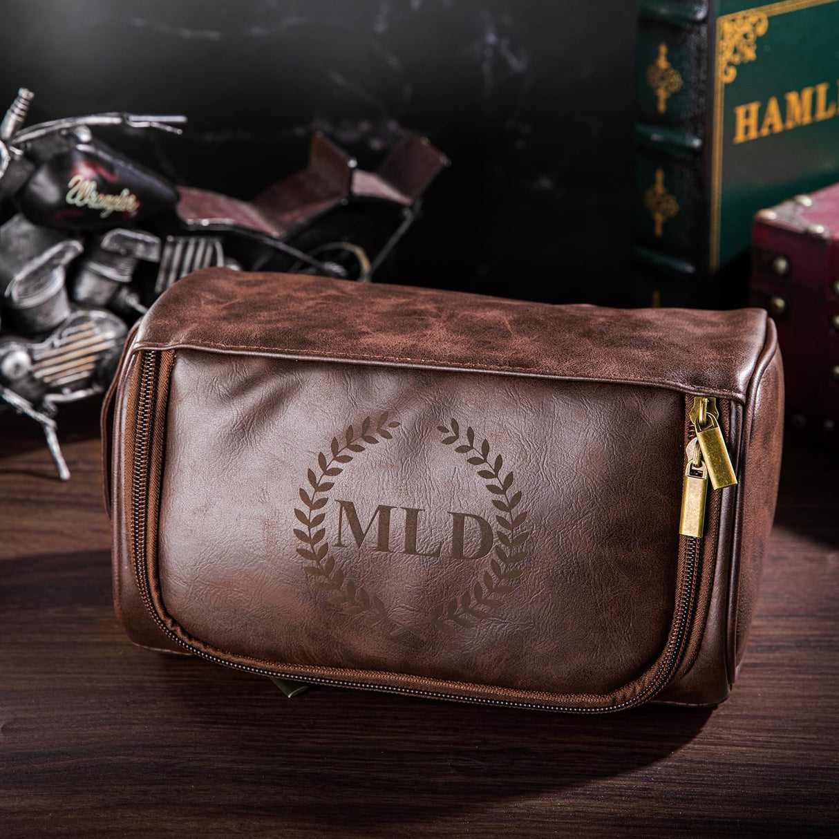 Bleggeit Personalized Leather Toiletry Bag For Men with Hook, Groomsmen Gifts Travel Bag Laser Engraved Name Monogram Leather Gift For Him Husband Bleggeit