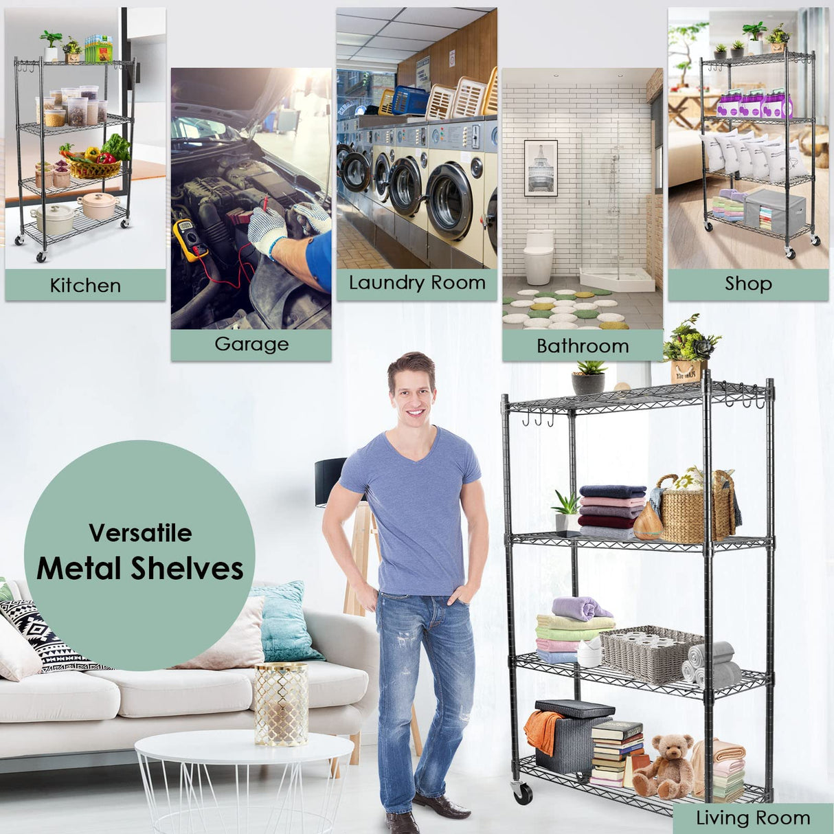 WDT 4-Tier Storage Shelves, Heavy Duty Metal Shelves Wire Rack Shelving Unit, Adjustable Shelf with Wheels for Home Office Garage Kitchen Shelf,36" D WDT