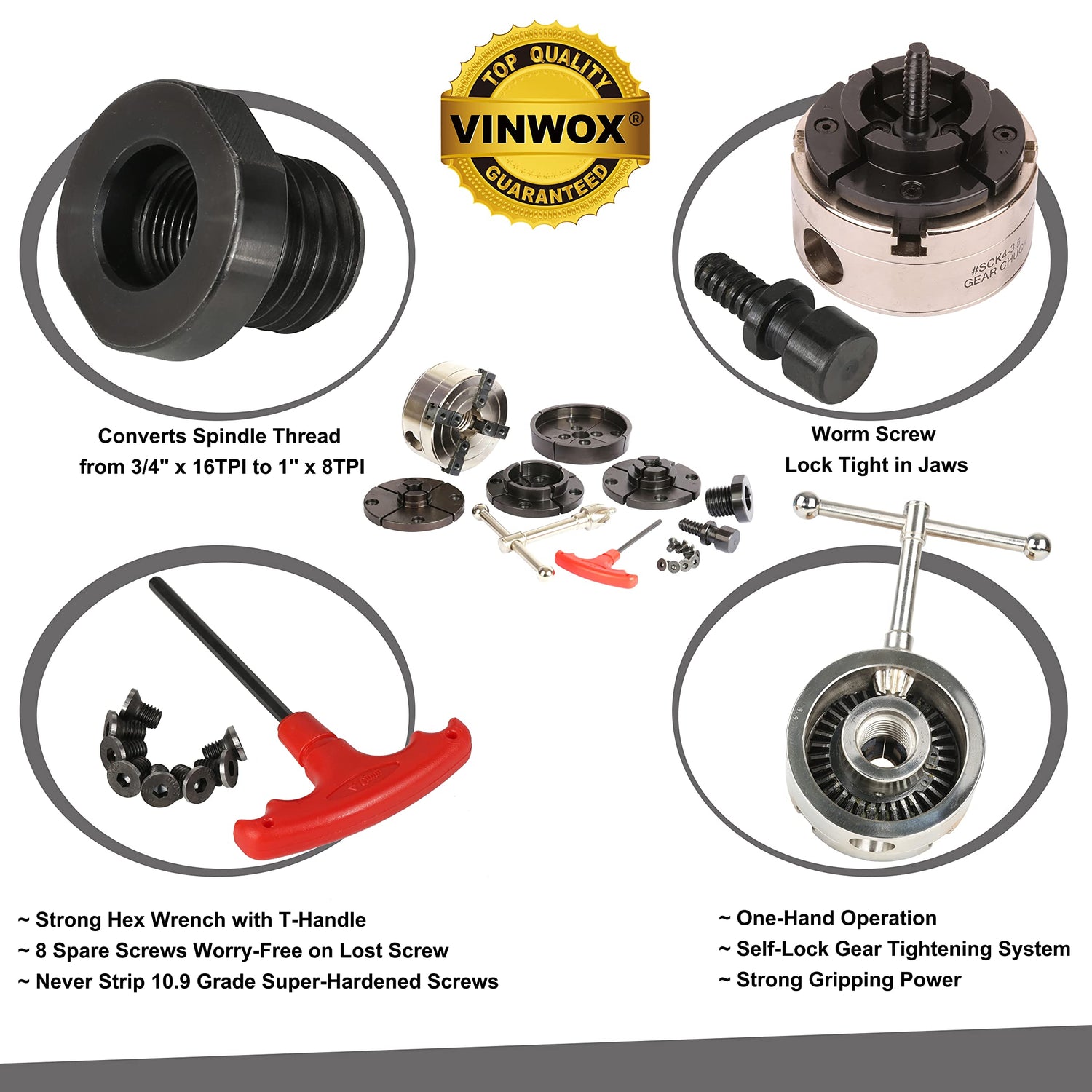 VINWOX SCK4-3.5NV-SET Mini, Midi and Heavy-Duty 3-1/2” Wood Lathe Gear Chuck Set, Wood Lathe Key Chuck Set, 4-Jaw Self-Centering Chuck, 1"x8TPI VINWOX