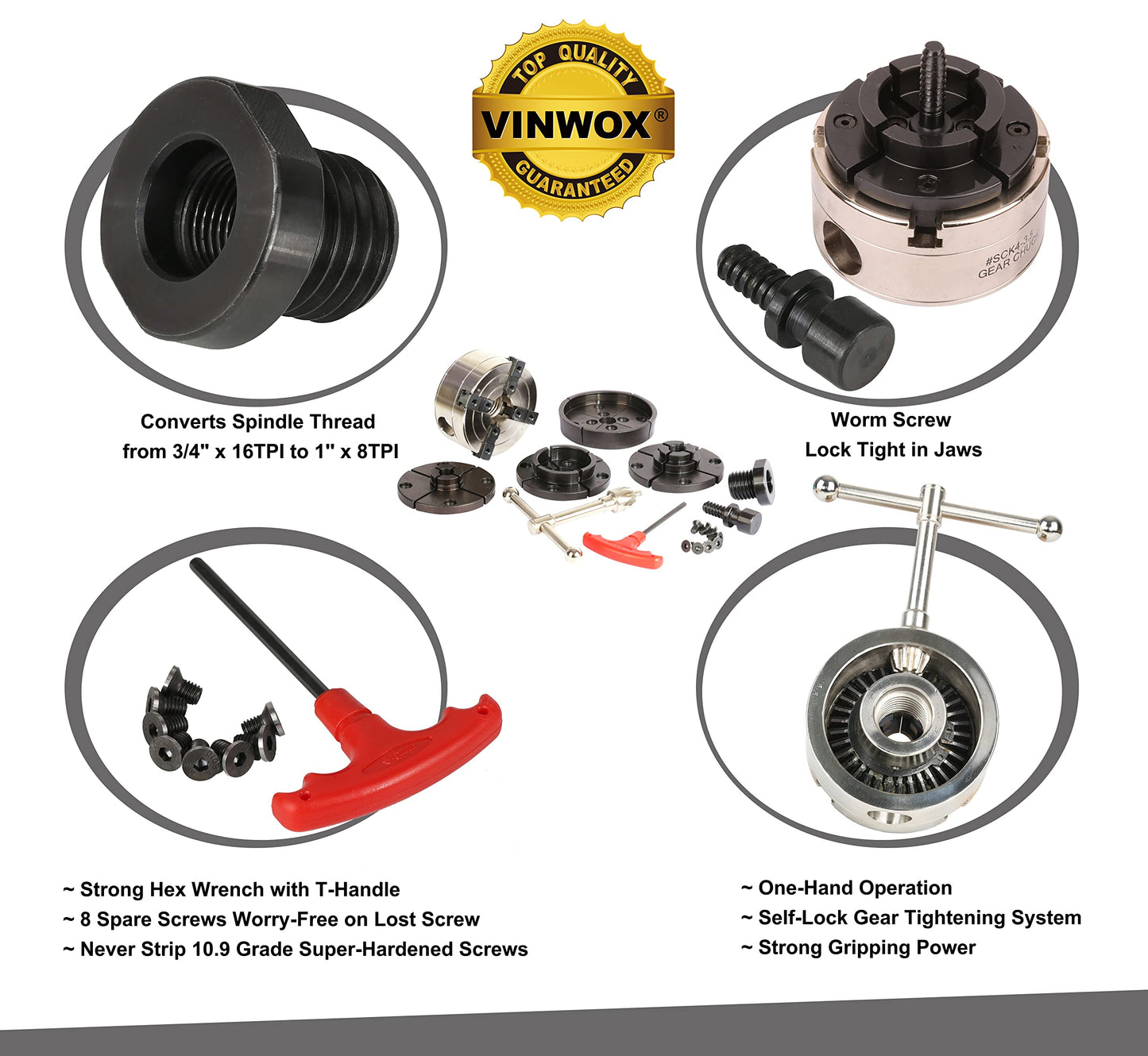 VINWOX SCK4-3.5NV-SET Mini, Midi and Heavy-Duty 3-1/2” Wood Lathe Gear Chuck Set, Wood Lathe Key Chuck Set, 4-Jaw Self-Centering Chuck, 1"x8TPI