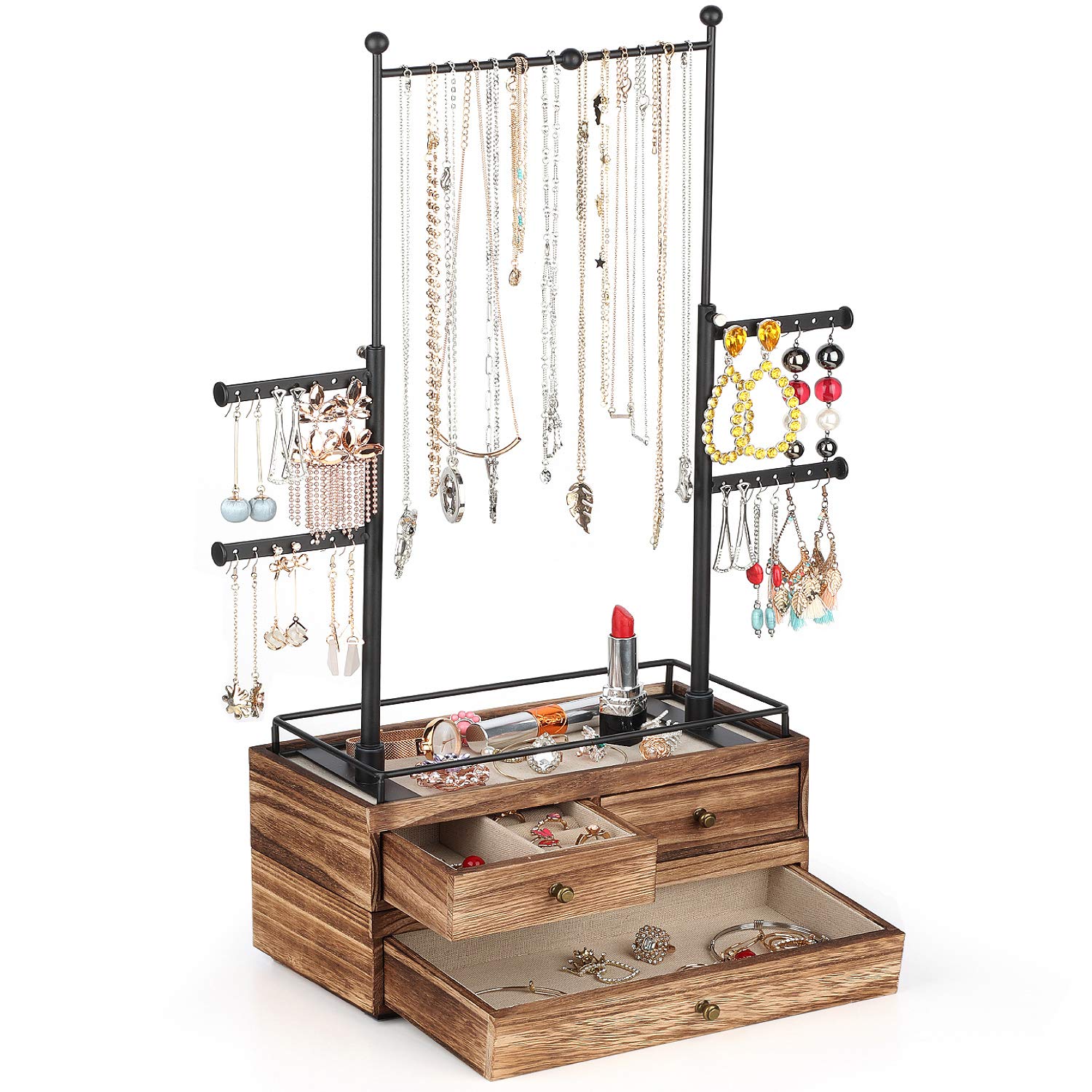 Jewelry Organizer - 2 Layer Wooden Jewelry Drawer Storage Box with 6 Tier Jewelry Tree Stand, Jewelry Display for Necklaces Bracelet Earring Ring - WoodArtSupply