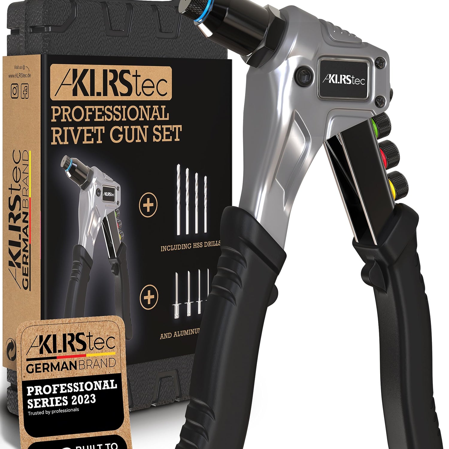 KLRStec Professional Rivet Gun Kit incl. 120 Pop Rivets and 4 HSS Drills - High quality Pop Rivet Tool Kit for processing Blind Rivets KLRS