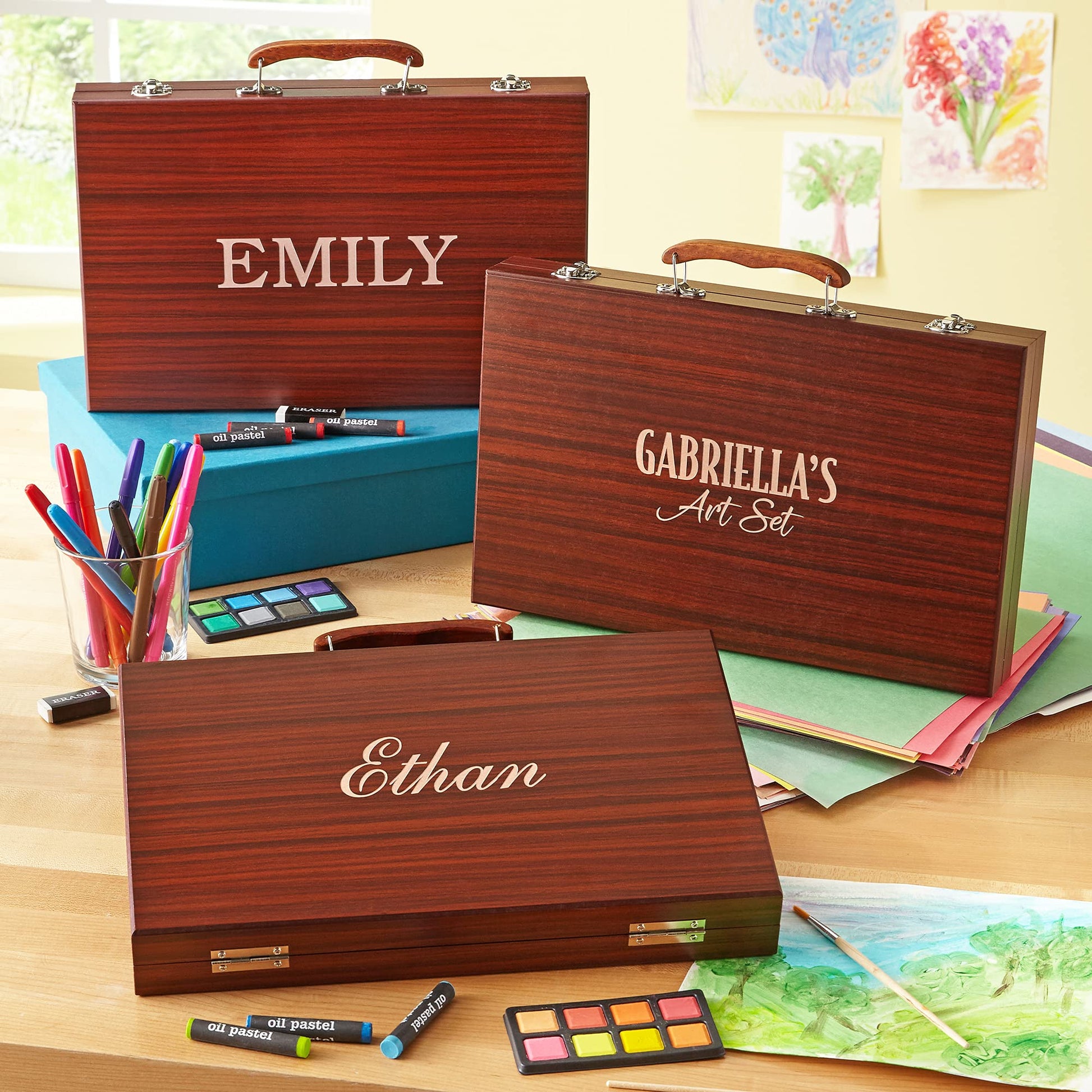 Let's Make Memories Personalized 80-Piece Deluxe Art Set - for Kids - Wood Carrying Case - Oil Crayons, Colored Pencils, Watercolors - Arts & Crafts - WoodArtSupply