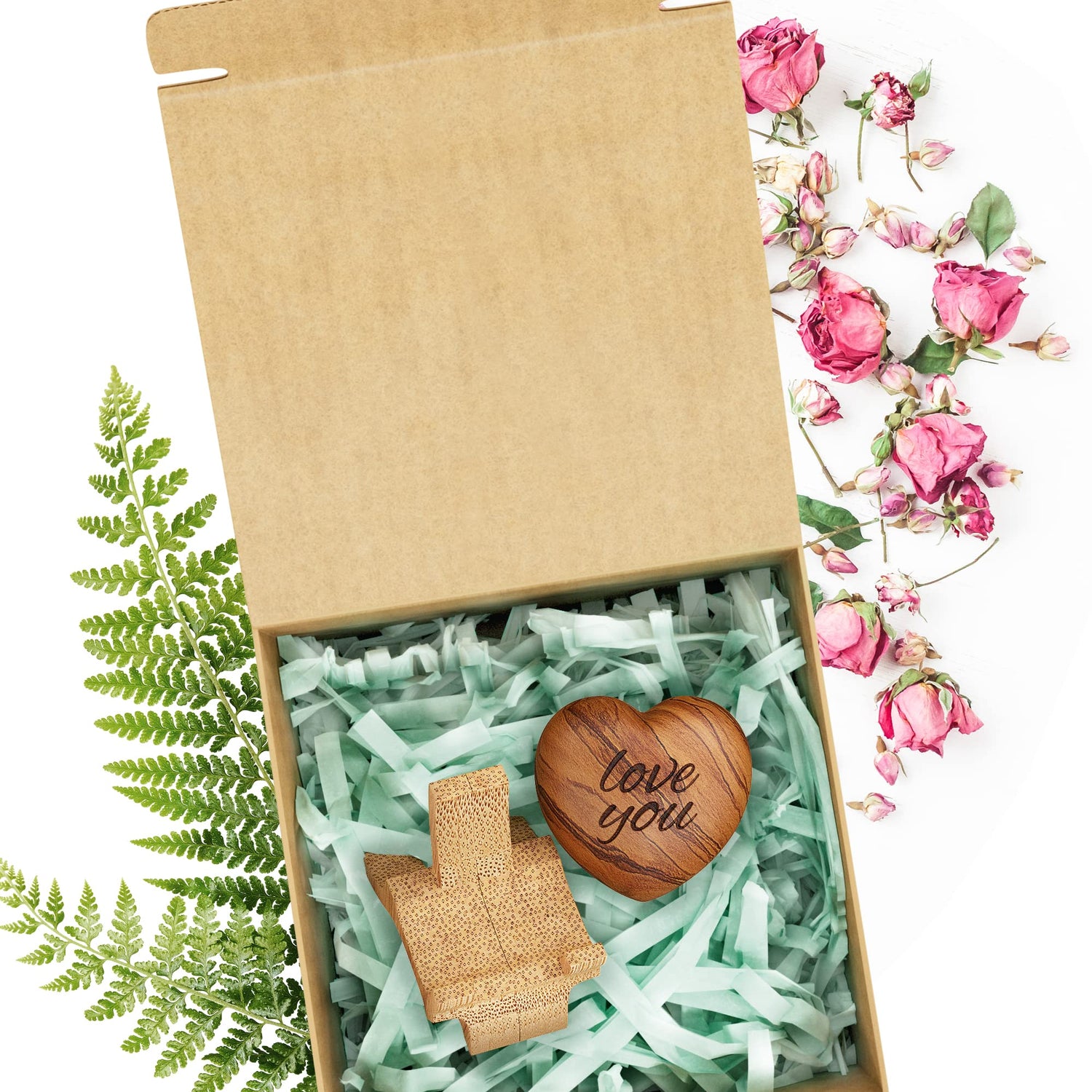 Carved Wooden Heart Shape Gifts - Love You - Engraved Olive Wood with Bamboo Stand - 5 Year Wooden for Her or Him - Christmas, Valentine's Day, Harmony Tree Collections