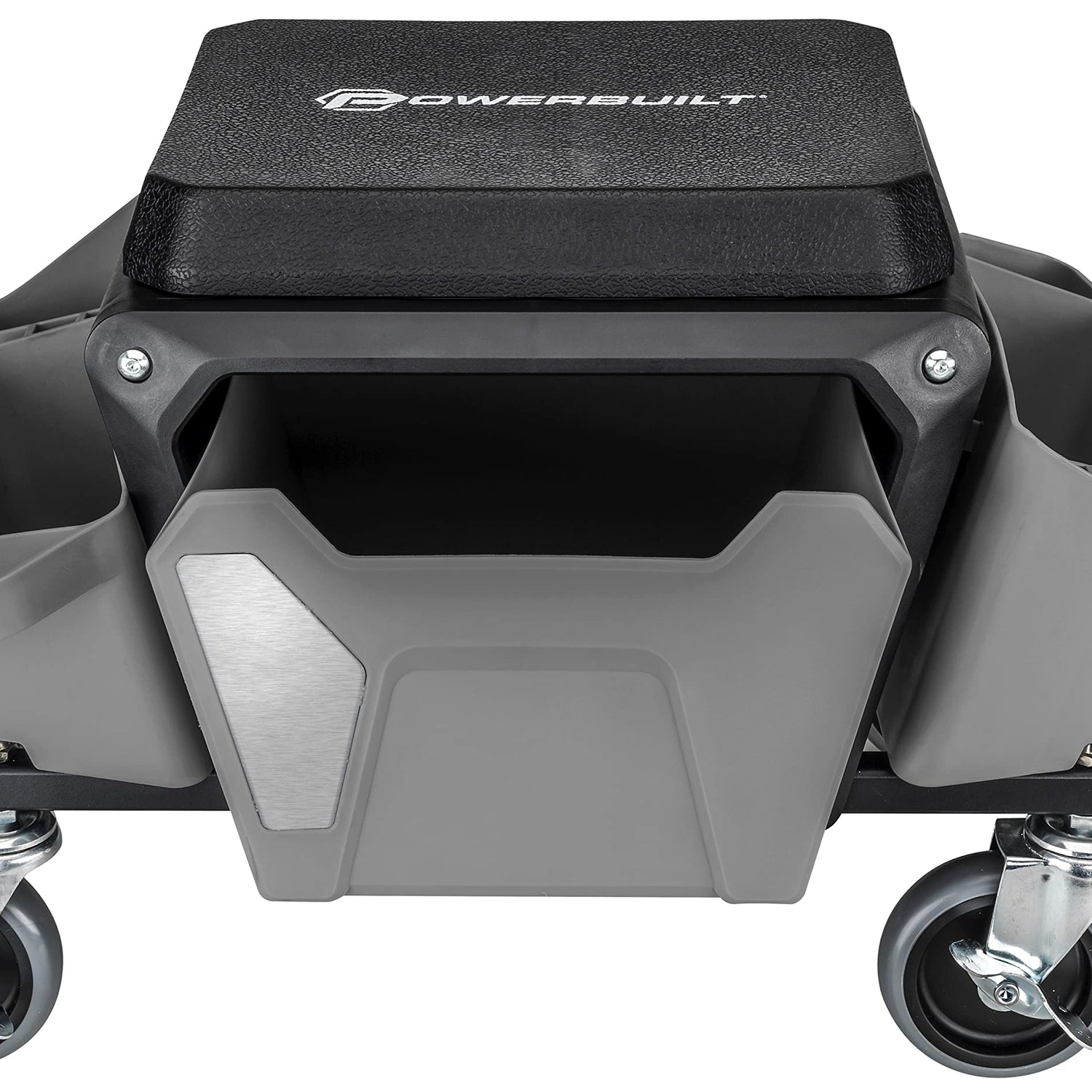 Powerbuilt Rolling Work Seat Brake Stool with 4-inch Rubber Lockable Wheels, Big Seating Platform, Tool Trays and Drawer 330 lb. Capacity, Mechanics, Powerbuilt