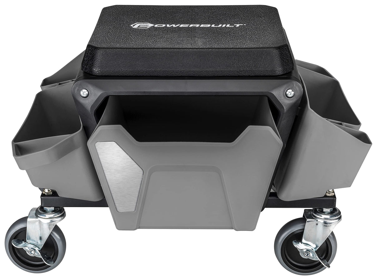 Powerbuilt Rolling Work Seat Brake Stool with 4-inch Rubber Lockable Wheels, Big Seating Platform, Tool Trays and Drawer 330 lb. Capacity, Mechanics, Powerbuilt