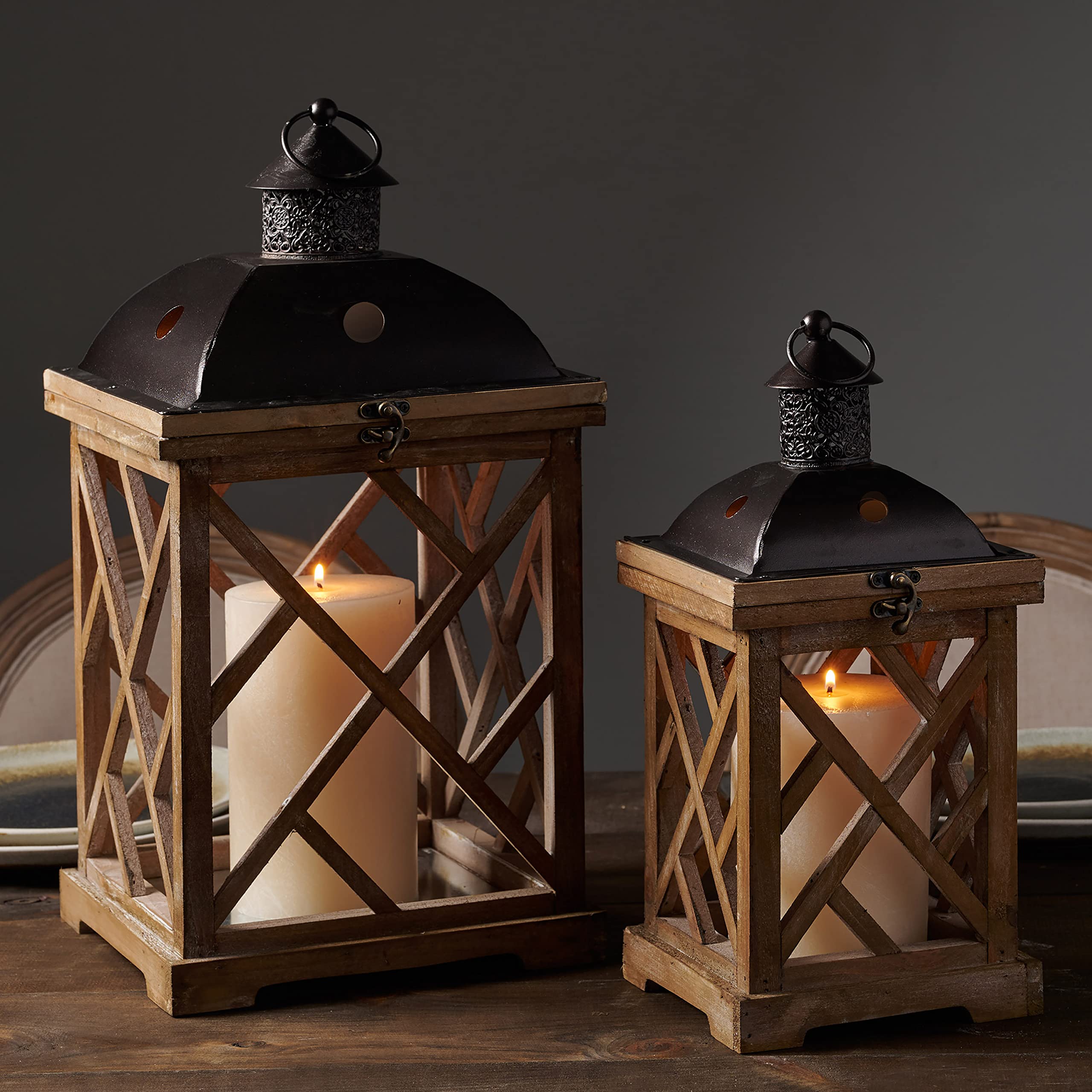 Stonebriar Decorative Wooden Hurricane Candle Lantern Set - Thumbnail 3