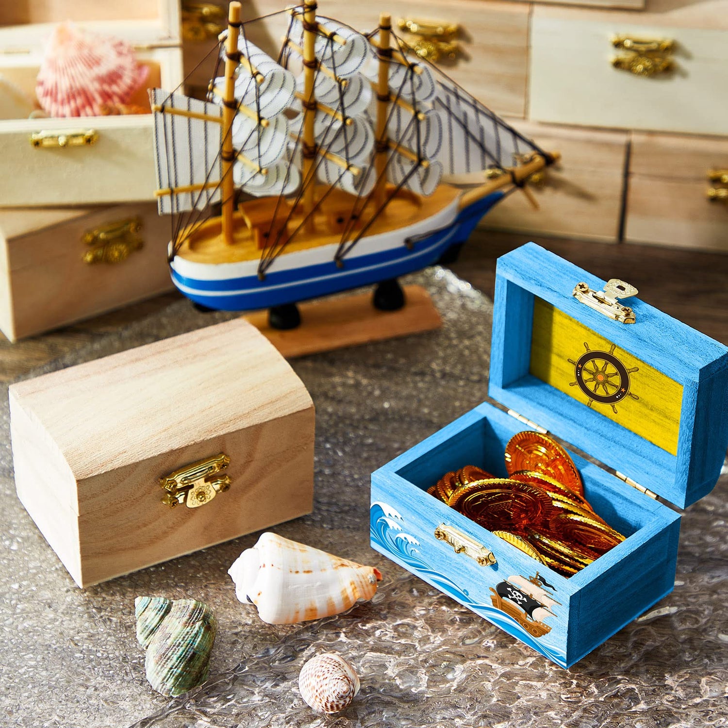 Leinuosen 15 Pcs Small Wooden Boxes with Hinged Lids 3.5 x 2.2 x 1.9 Inch Unfinished Wooden Treasure Chest Box 10 Pcs Paint Brushes with 2 Sheets Leinuosen