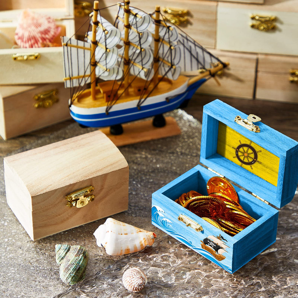 Leinuosen 15 Pcs Small Wooden Boxes with Hinged Lids 3.5 x 2.2 x 1.9 Inch Unfinished Wooden Treasure Chest Box 10 Pcs Paint Brushes with 2 Sheets Leinuosen