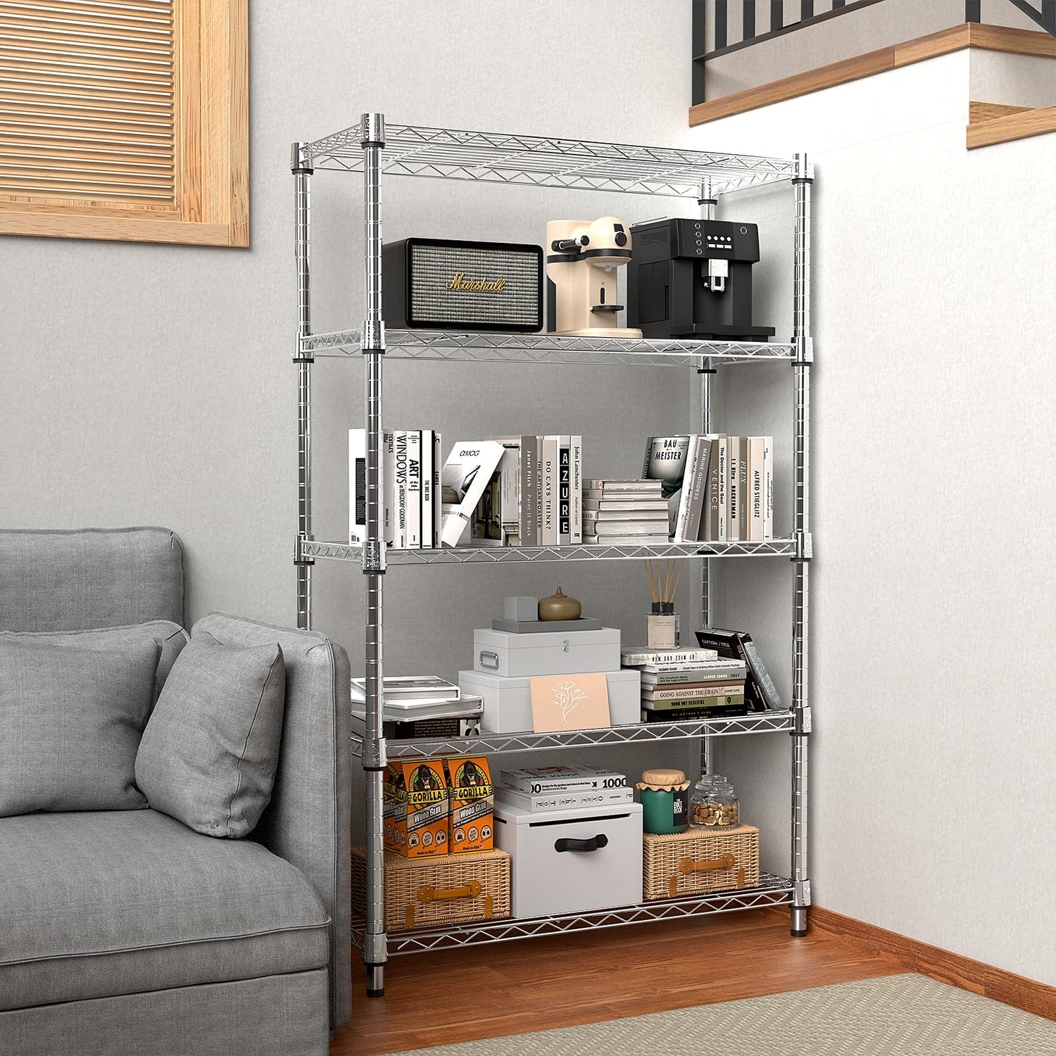 MZG Steel Heavy Duty 5-Tier Utility Shelving Unit Steel Organizer Wire Rack for Home,Kitchen,Office,Chrome (14" D x 24" W x 63" H) M MZG