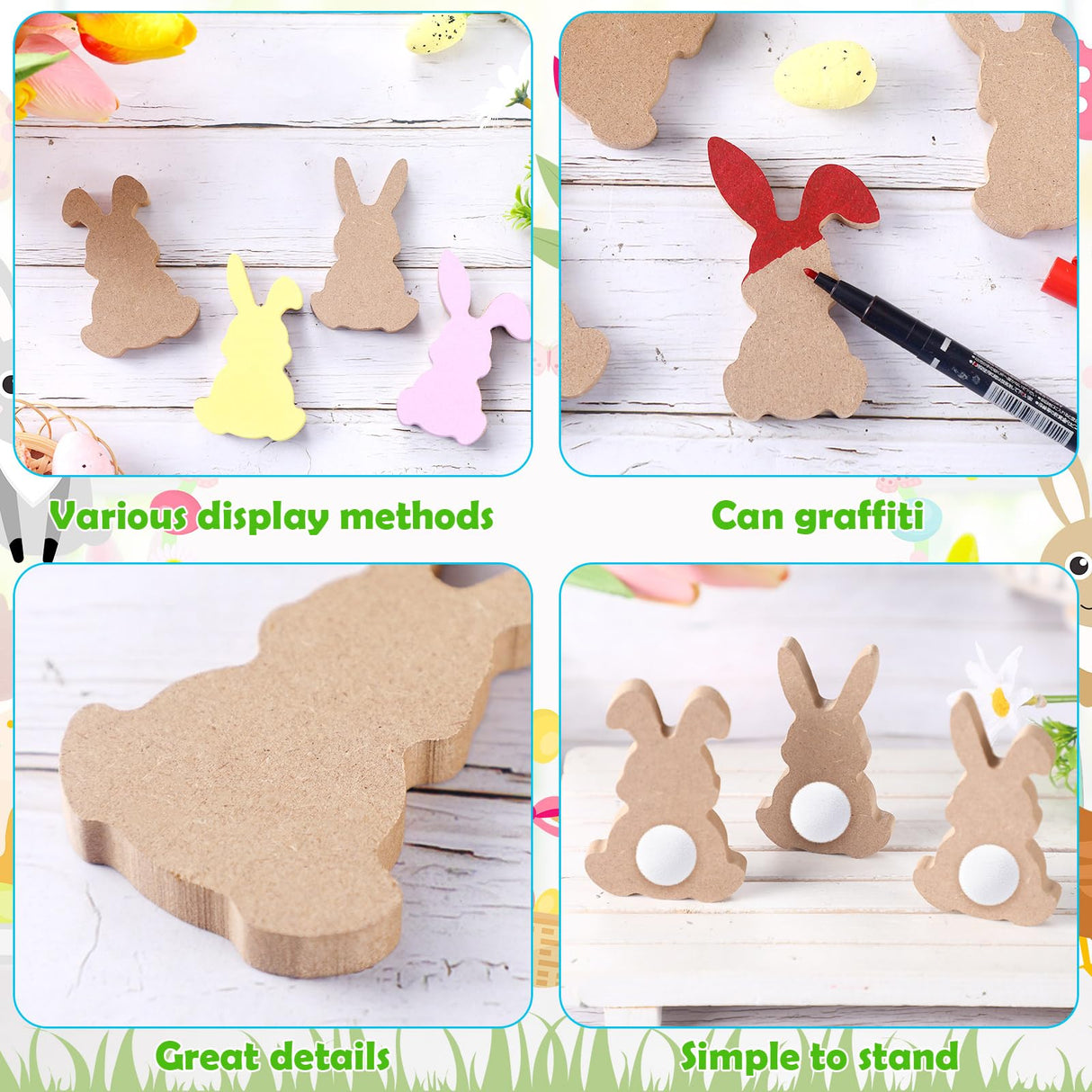 Menkxi 22 Pcs Easter Unfinished Wood Bunny Cutouts Bunny Table Wooden Signs Rabbit Blank Wooden Bunnies for Crafts with 22 White Felt Balls Pom Pom Menkxi