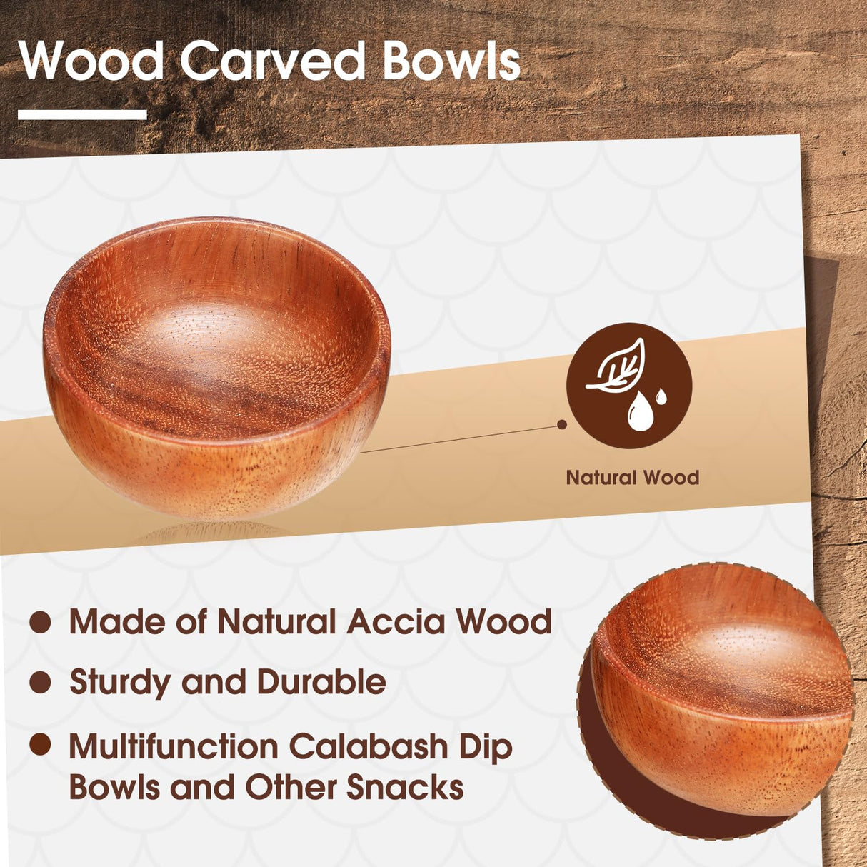 Skylety 10 Pcs Acacia Wooden Bowls Small Calabash Bowls Round Wood Salad Bowl Hand Carved Calabash Dip Tray for Serving Popcorn Pasta Candy Cereal Skylety