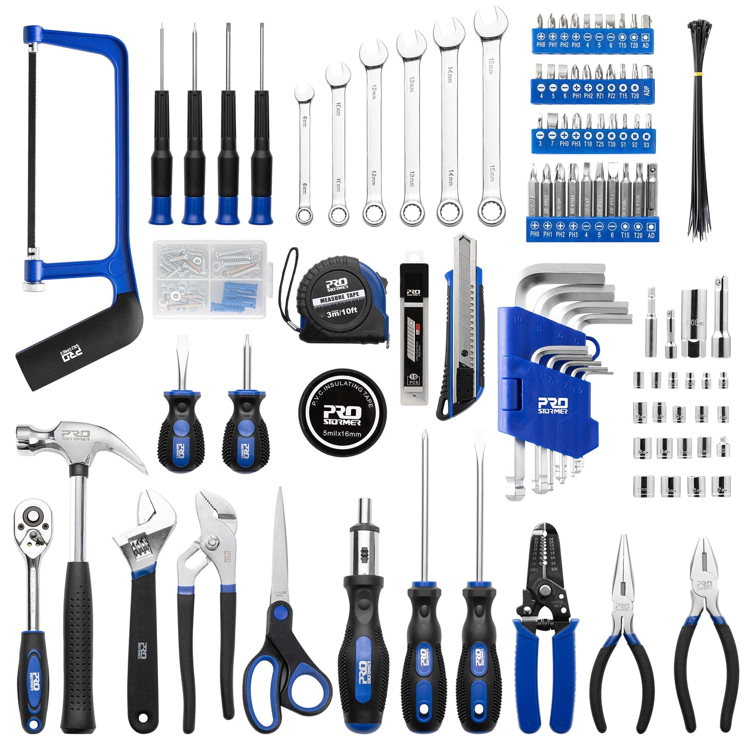 216-Piece Household Tool Kit, Prostormer Multi-Purpose DIY Home/Auto Repairing Hand Tool Set with Hammer, Pliers, Screwdriver Set, Wrench Sockets and Prostormer
