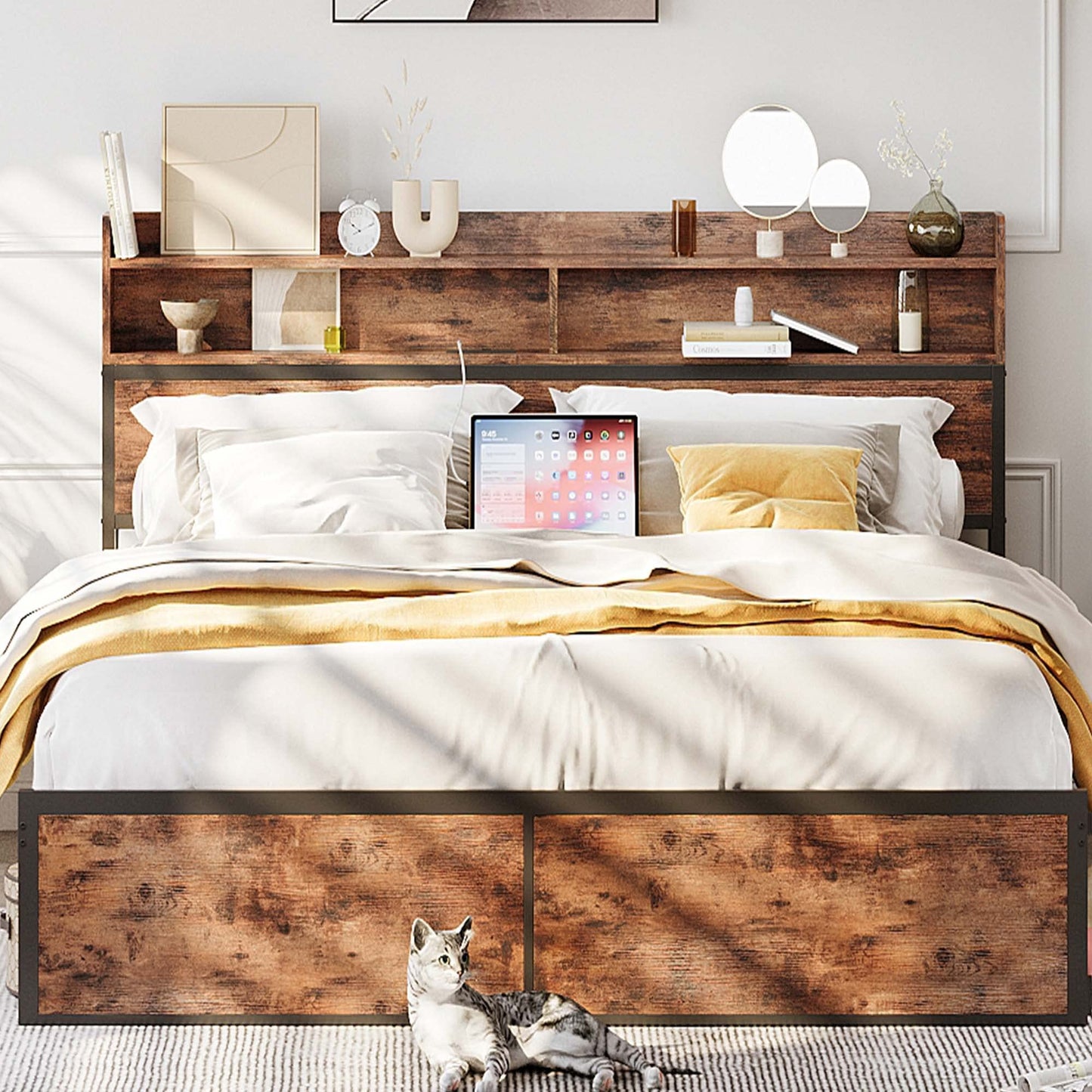 IRONCK Vintage Brown Queen Bed Frame with Bookcase Headboard and Charging Station - WoodArtSupply