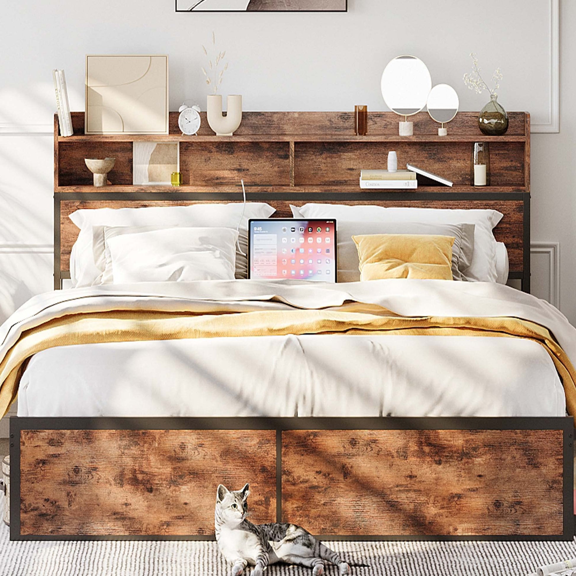 IRONCK Vintage Brown Queen Bed Frame with Bookcase Headboard and Charging Station - WoodArtSupply