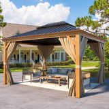 MELLCOM 10' x 12' Hardtop Gazebo, Wooden Finish Coated Aluminum Frame Gazebo with Galvanized Steel Double Roof, Brown Metal Gazebo with Curtains and MELLCOM