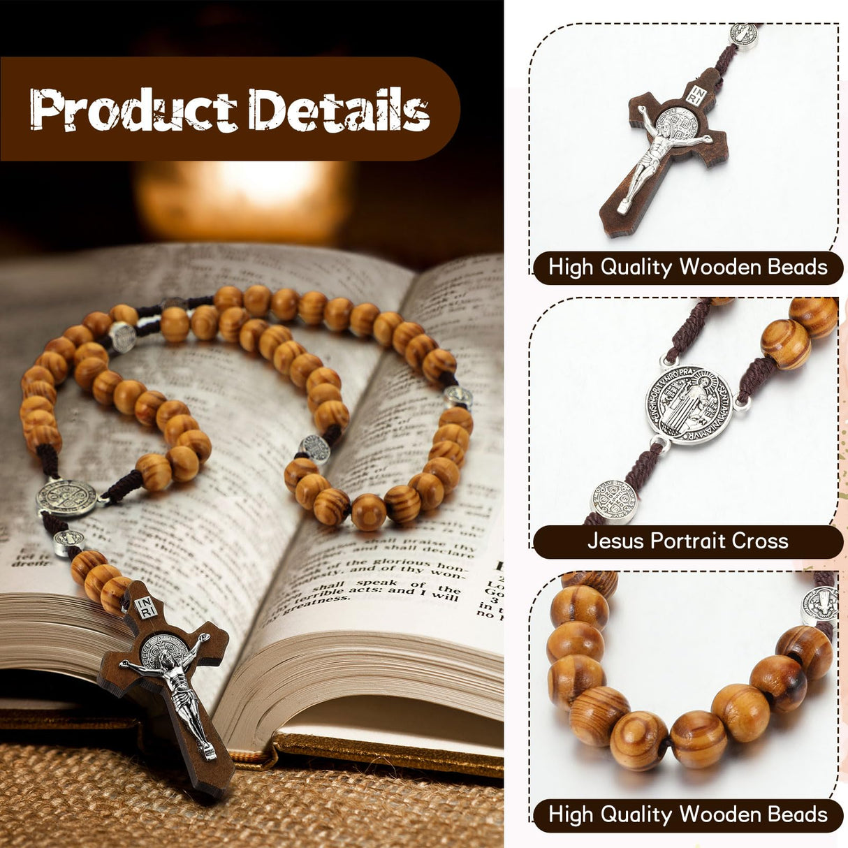 Equsion 24 Set Wooden Bead Rosary Necklace Catholic Rosary Wood Carved Beads with Jesus Cross Our Father Solid Wooden Rosary Beads with Organza Bag Equsion