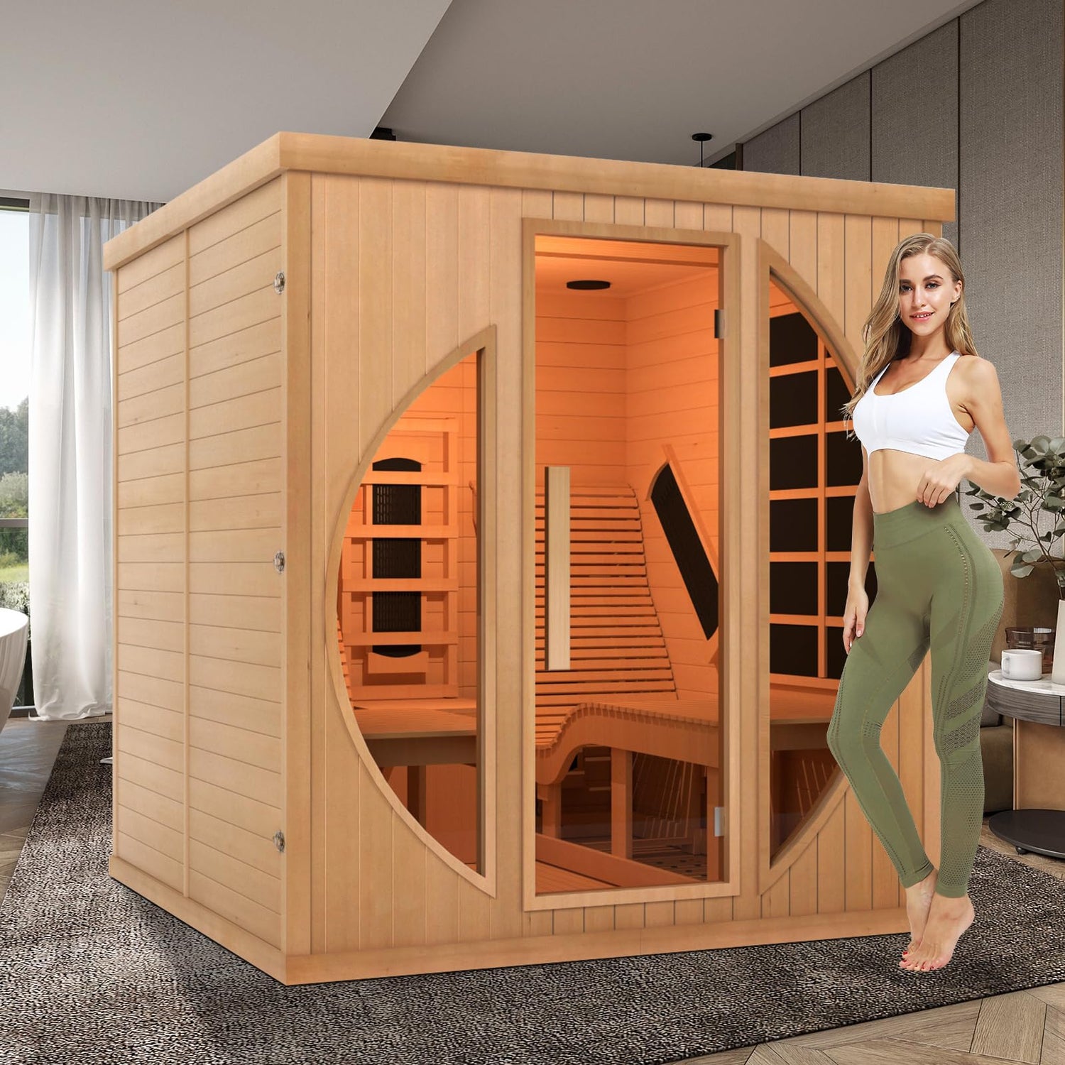 iDOTODO Far Infrared Wooden Sauna Room with Recliner, 2 Person Indoor Infrared Home Sauna, Indoor Saunas for Home 220V， 3400W, 9 Heaters, Hemlock, iDOTODO
