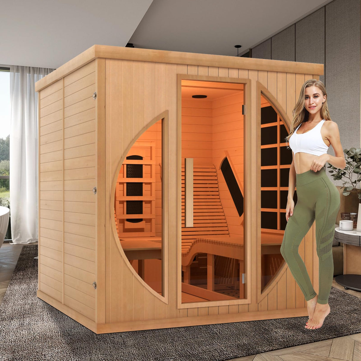 iDOTODO Far Infrared Wooden Sauna Room with Recliner, 2 Person Indoor Infrared Home Sauna, Indoor Saunas for Home 220V， 3400W, 9 Heaters, Hemlock, iDOTODO