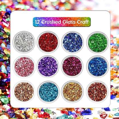 12 Box Crushed Glass Craft Glitter Fine for Resin Art, Small Broken Glass Pieces Irregular Metallic Crystal Chips Chunky Flakes Sequins for Nail Arts DIY Vase Filler Epoxy Jewelry Making Decoration - WoodArtSupply