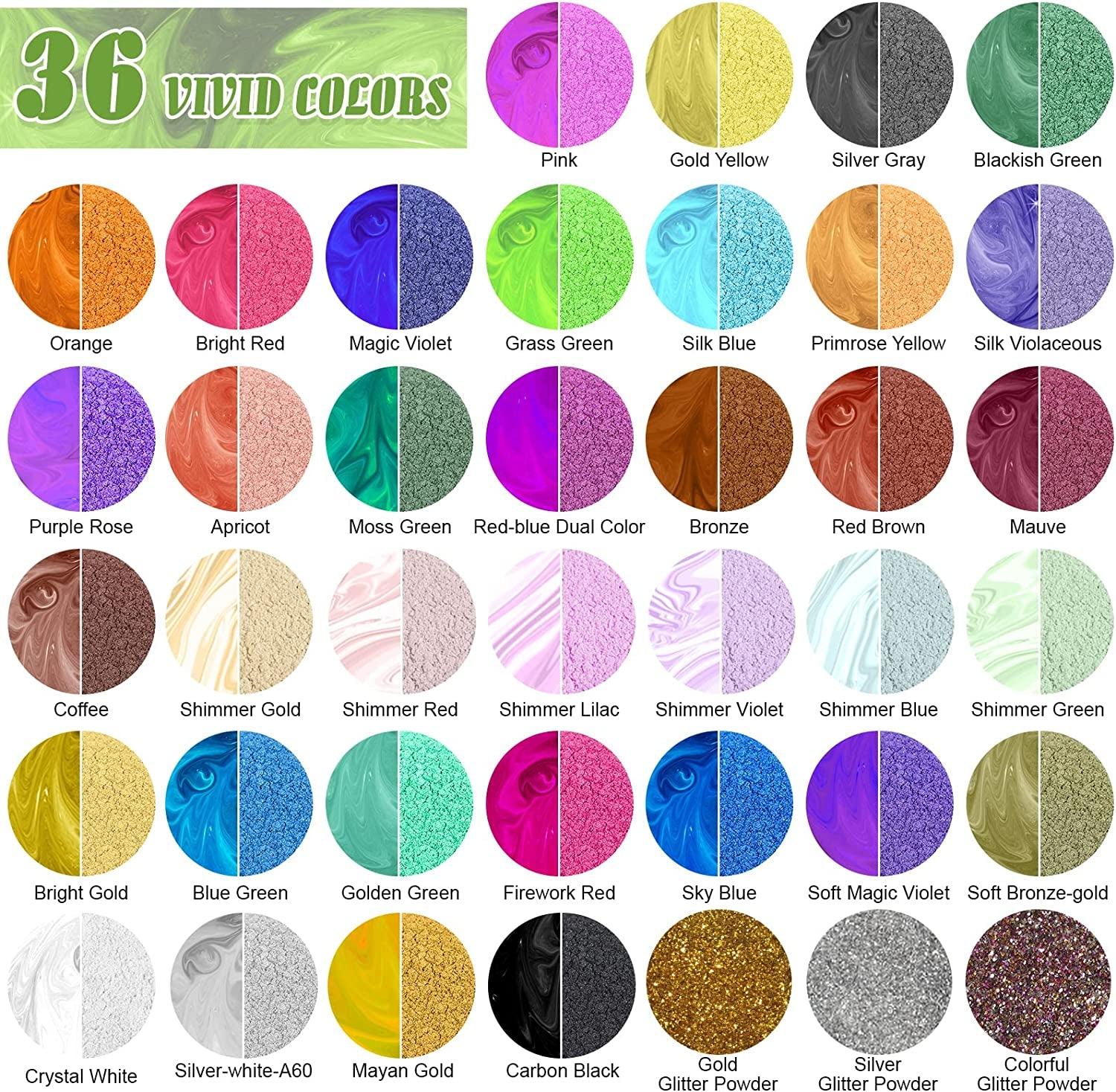 Mica Powder，36 Colors - 10G/Bottle of Natural Pigment Powder for Epoxy Resin，Soap Making，Candle Making,Lip Gloss,Car Freshies,Dye,Nail Polish,Bath WoodArtSupply