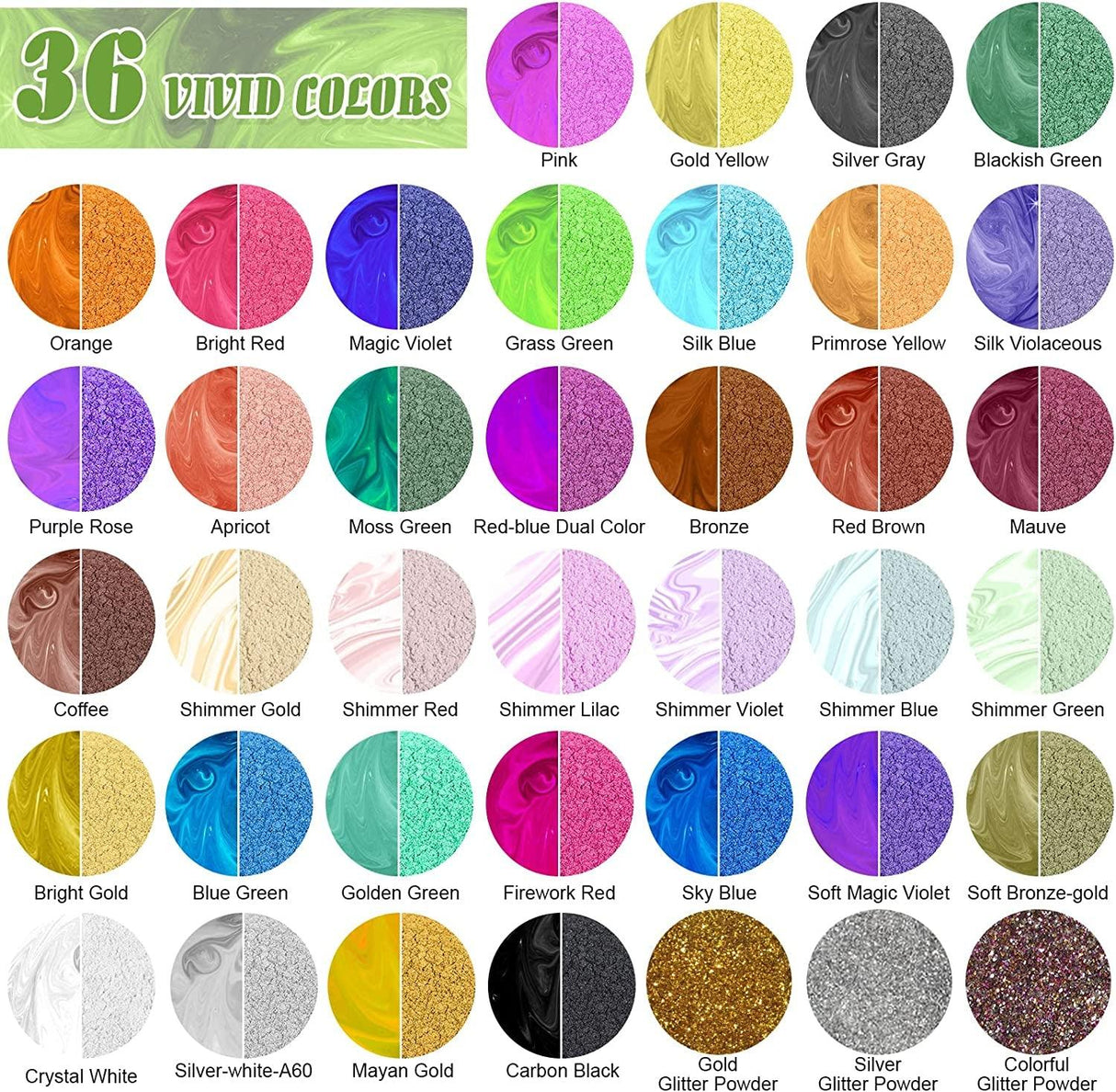 Mica Powder，36 Colors - 10G/Bottle of Natural Pigment Powder for Epoxy Resin，Soap Making，Candle Making,Lip Gloss,Car Freshies,Dye,Nail Polish,Bath WoodArtSupply