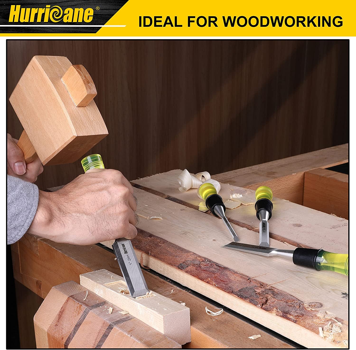 Hurricane 4 Piece Wood Chisel Set for Woodworking, CR-V Steel Beveled Edge Blade, Durable PVC High Impact Handle Wood Chisel WoodArtSupply