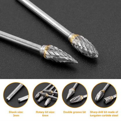 Tungsten Carbide Rotary Burr Set 10Pcs, Carving Burr Bits, with 3Mm Shank 6Mm Bit for Wood & Stone Carving, Steel Metal Working