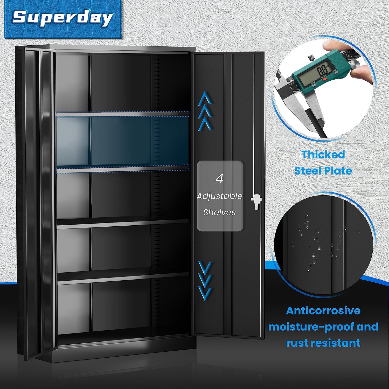 Superday 71" Lockable Steel Storage Cabinet, Locking Metal Storage Cabinets, Tall Black Cabinet with 2 Doors and 4 Adjustable Shelves for Garage, Superday