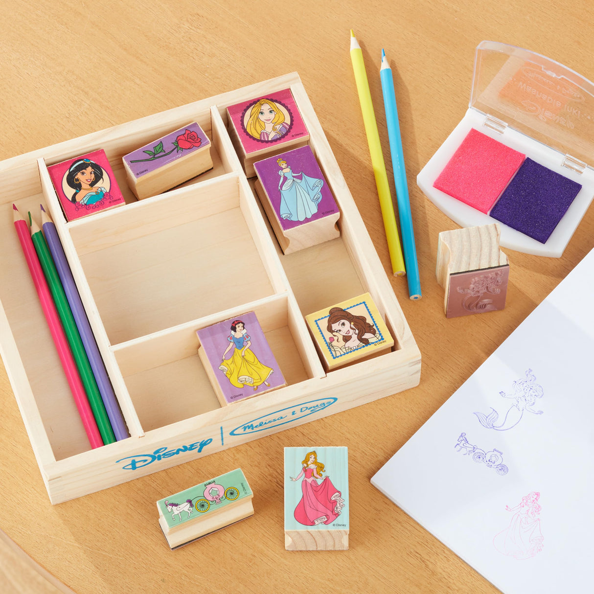 Melissa & Doug Disney Princess Wooden Stamp Set: 9 Stamps, 5 Colored Pencils, and 2-Color Stamp Pad With Washable Ink For Kids Ages 4+ Melissa & Doug