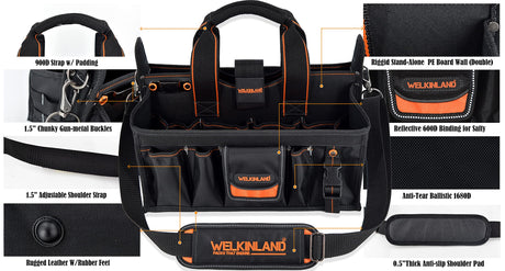 19-POCKETS Tool tote, Tool bag organizer, Electrician tool bag, HVAC tool bag, Tool caddy, Tool bags for electricians, Tool tote bag w/socket WELKINLAND