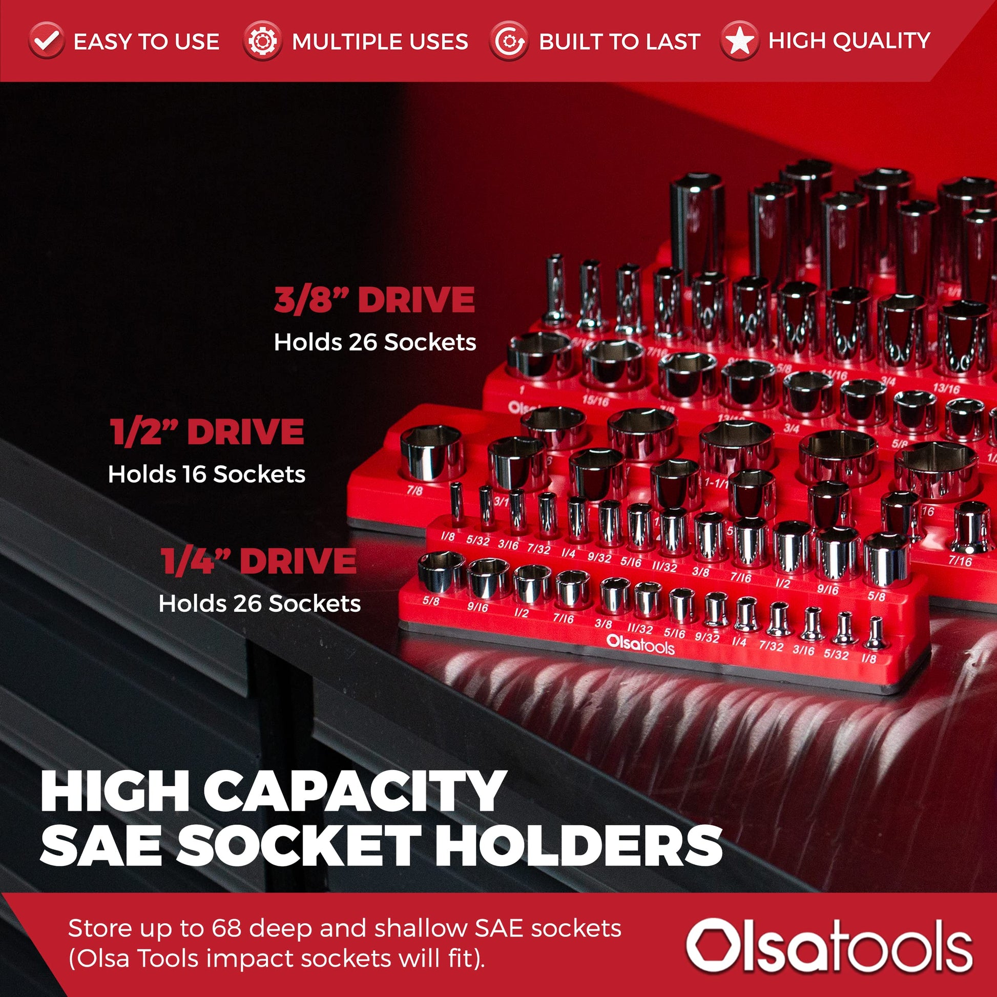 Olsa Tools Magnetic Socket Organizers | 3 Piece Set Socket Holder Kit | 1/2-inch, 3/8-inch, & 1/4-inch Drive | SAE Red | Holds 68 Sockets | - WoodArtSupply