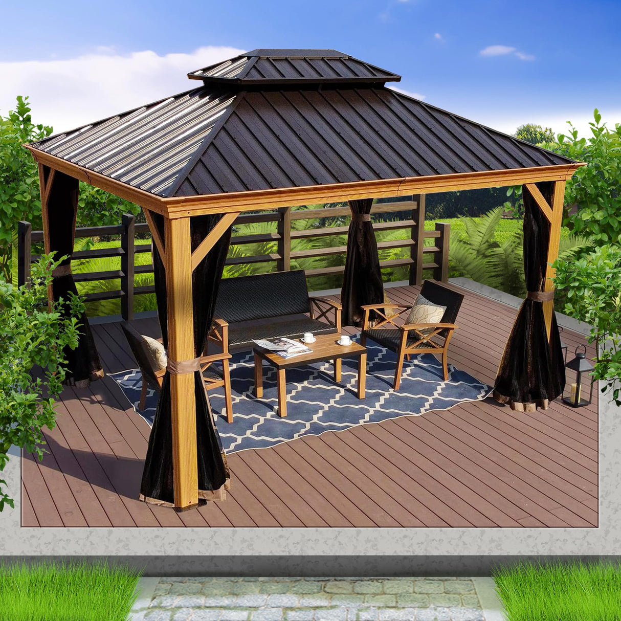 Kozyard Apollo 10’x12’ Hardtop Gazebo, Wooden Coated Aluminum Frame Canopy with Galvanized Steel Double Roof, Outdoor Permanent Metal Pavilion with Kozyard