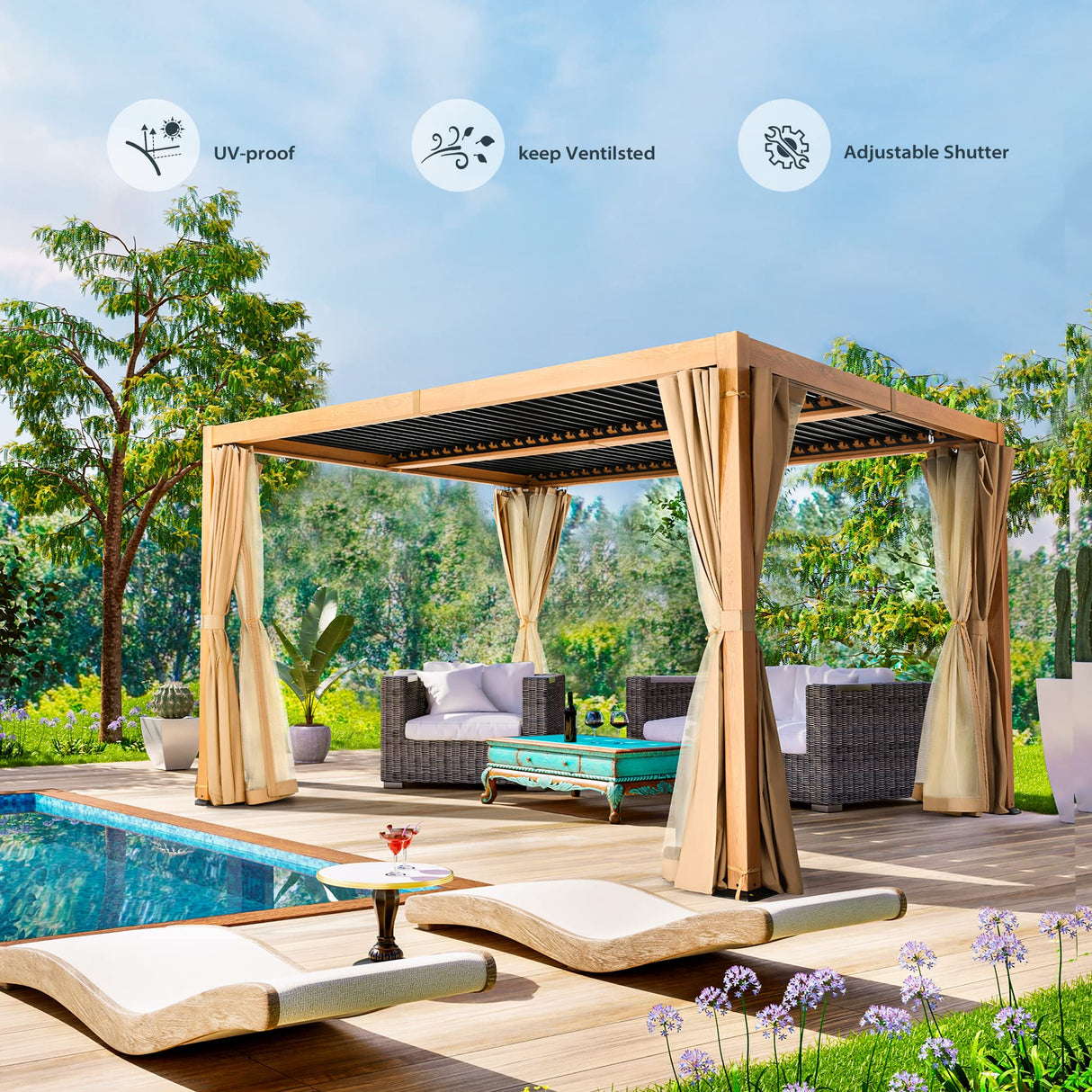HAPPATIO Louvered Pergola 10x13 Outdoor Pergola, Woodgrain-Look Metal Pergola with Adjustable Rainproof Roof, Patio Pergola with Curtains and HAPPATIO