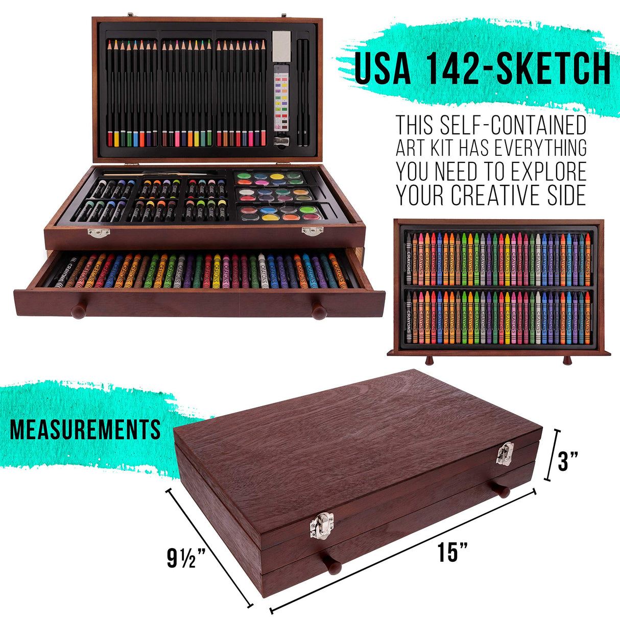 U.S. Art Supply 162-Piece Deluxe Mega Wood Box Art Painting and Drawing Set - Artist Painting Pad, 2 Sketch Pads, 24 Watercolor Paint Colors, 24 Oil U.S. Art Supply