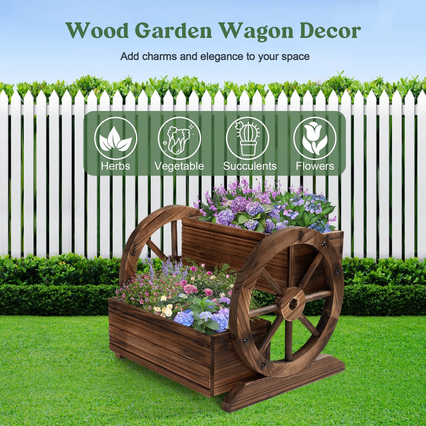 OIPRTGFJ Wooden Wagon Planter Box, Garden Planter with Wheels,Decorative Planter for Flowers Herbs Vegetables for Indoor & Outdoor Décor, Flower Cart